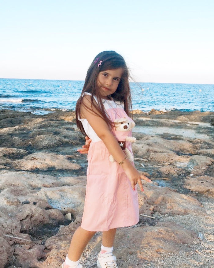Girls Denim Overalls Dress, Cute Bear Simple Design Summer Colored Jumpsuit Dress