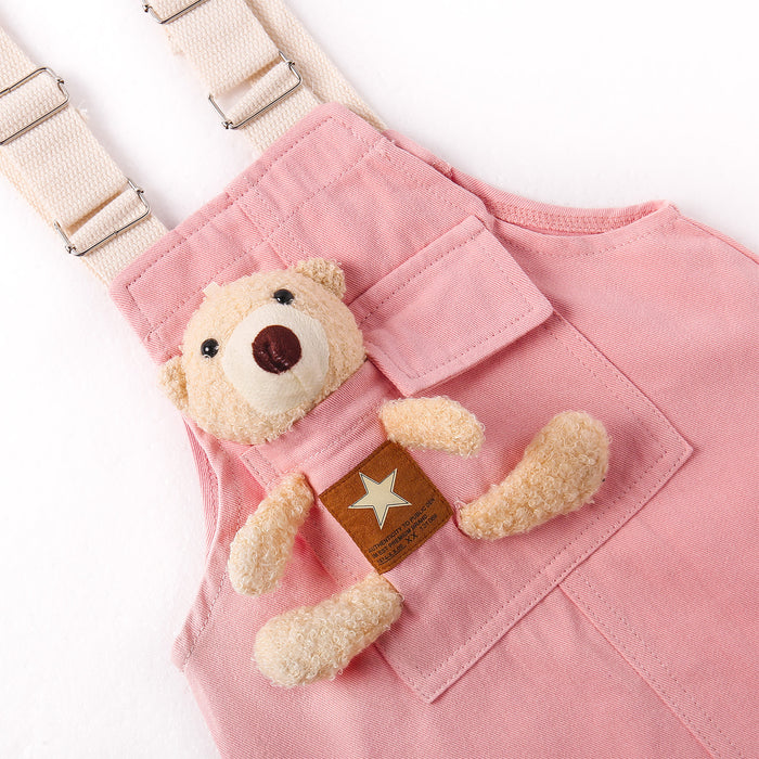 Girls Denim Overalls Dress, Cute Bear Simple Design Summer Colored Jumpsuit Dress