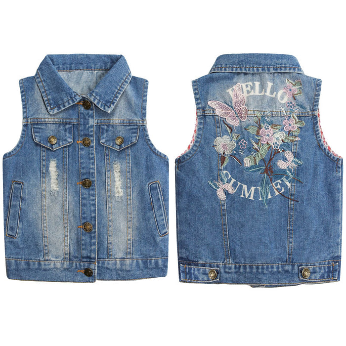 Girls Distressed Sleeveless Jacket Embroidered Denim Vest Jacket Tops