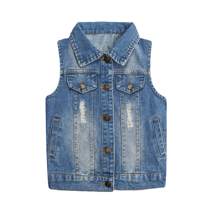 Kidscool Space Girls Distressed Sleeveless Jacket Embroidered Denim Vest Jacket Tops
