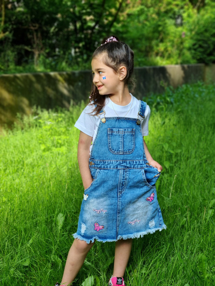 Girls Dress Embroidered Butterfly Washed Denim Dress