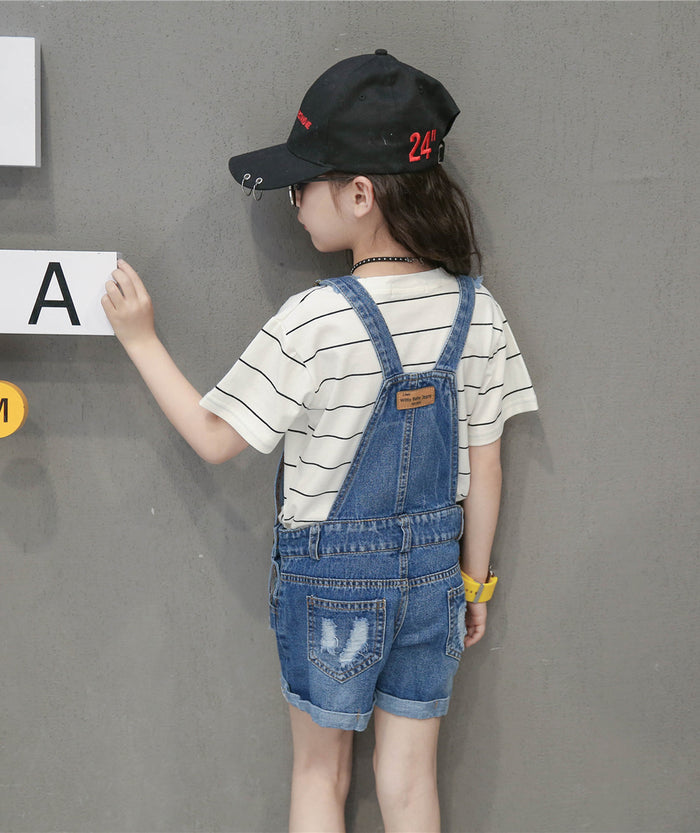 Girls Jeans Overalls Ripped Denim Shortalls