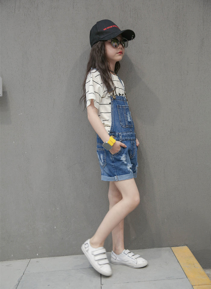 Girls Jeans Overalls Ripped Denim Shortalls