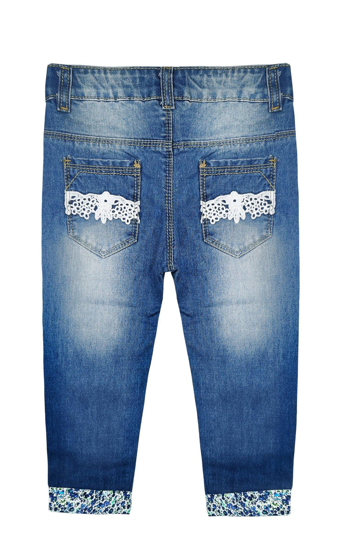 Kidscool Space Baby & Little Girls Lace Patchwork Cuffed Bottom Ripped Fashion Jeans - Kidscool Space