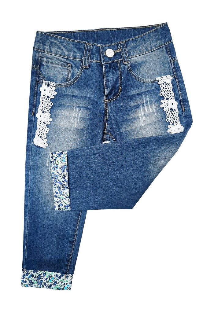 Kidscool Space Baby & Little Girls Lace Patchwork Cuffed Bottom Ripped Fashion Jeans - Kidscool Space