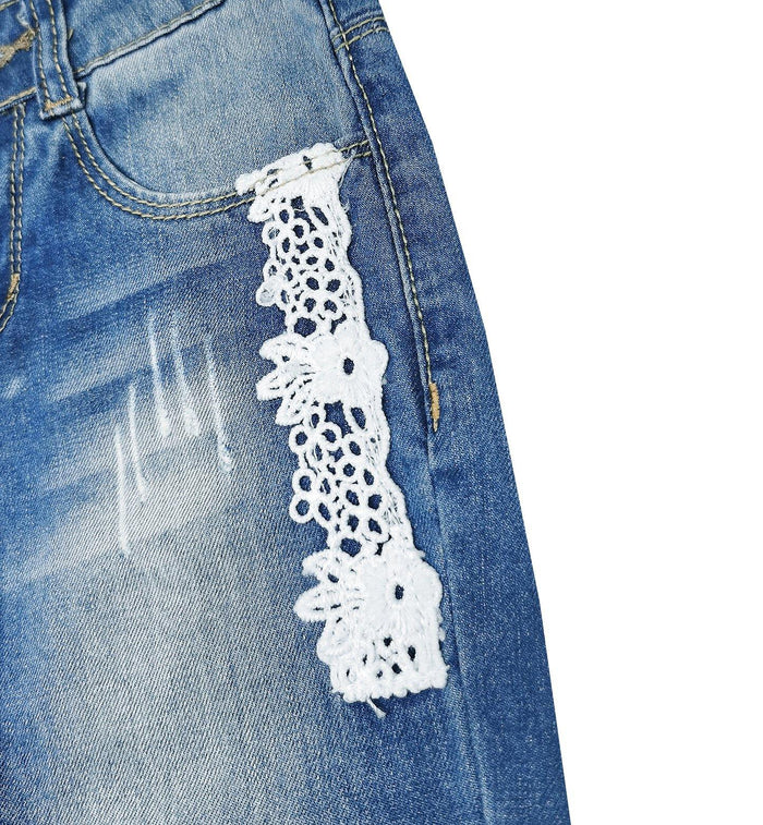 Kidscool Space Baby & Little Girls Lace Patchwork Cuffed Bottom Ripped Fashion Jeans - Kidscool Space