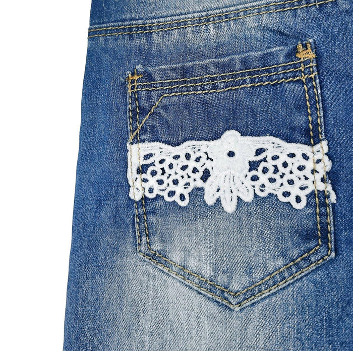 Kidscool Space Baby & Little Girls Lace Patchwork Cuffed Bottom Ripped Fashion Jeans - Kidscool Space