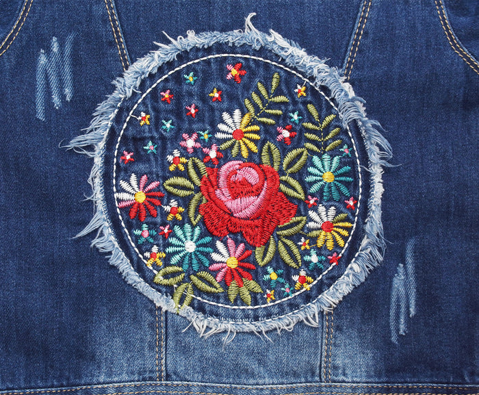 Girl Pink Hood Flower Embroidered Denim Outfits