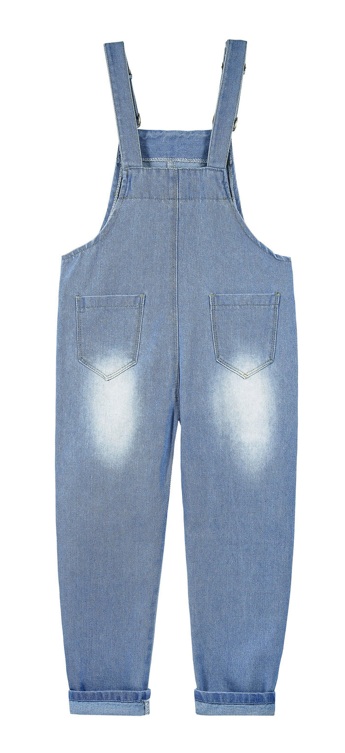 Kidscool Space Girls Vertical Pocket Ripped Fashion Water Washed Processing Denim Overalls - Kidscool Space