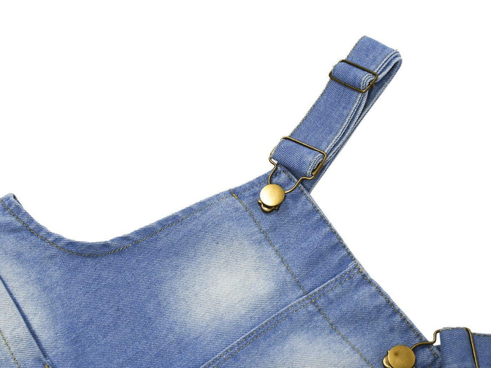 Kidscool Space Girls Vertical Pocket Ripped Fashion Water Washed Processing Denim Overalls - Kidscool Space
