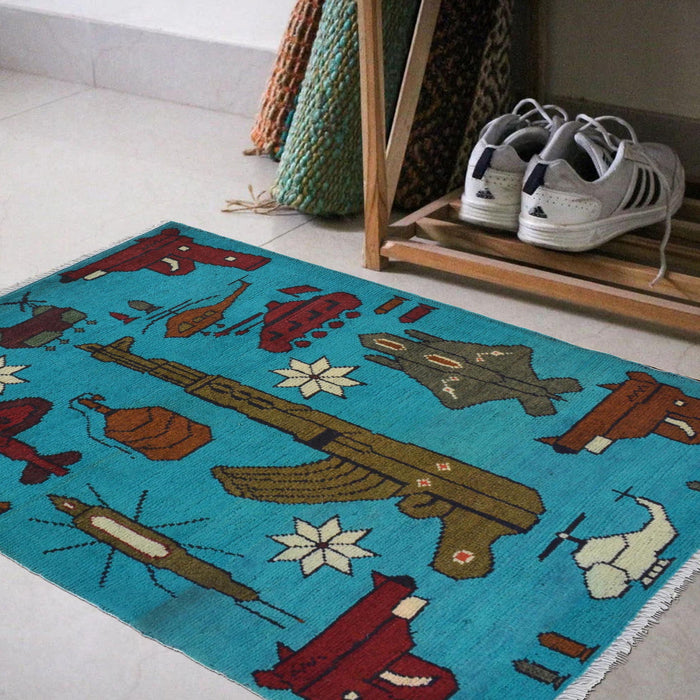 War Area Rug Handmade Blue Helicopter + Rifle 2 x 3 ft