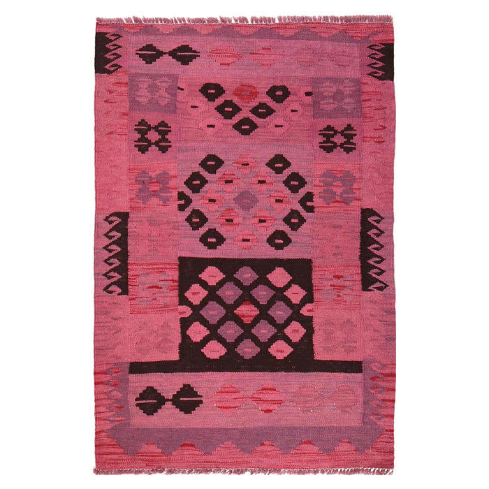 Overdyed Vegetable Kilim Area Rug Handmade Pink Geometric