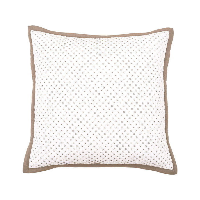 A Euro sham with a white base and beige cross-stitch pattern.