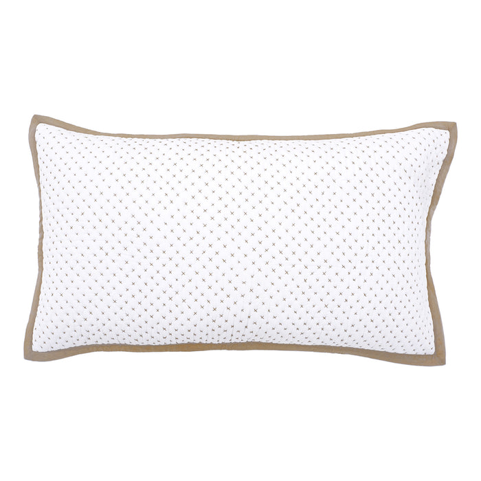 A king-sized pillow sham with a white base and beige cross-stitch pattern.