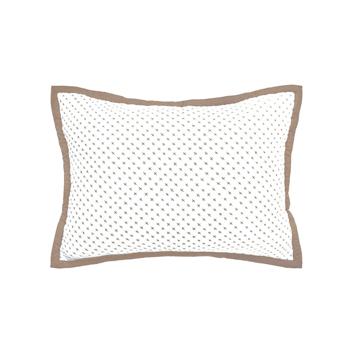 A standard-sized pillow sham with a white base and beige cross-stitch pattern.
