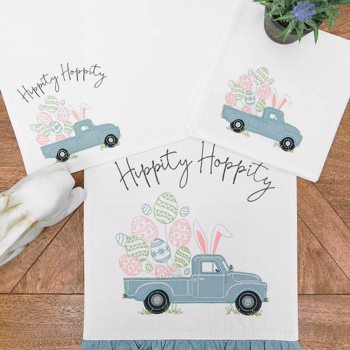 Hippity Hoppity Easter Truck Table Linens table linens displayed as a coordinated tabletop setting.