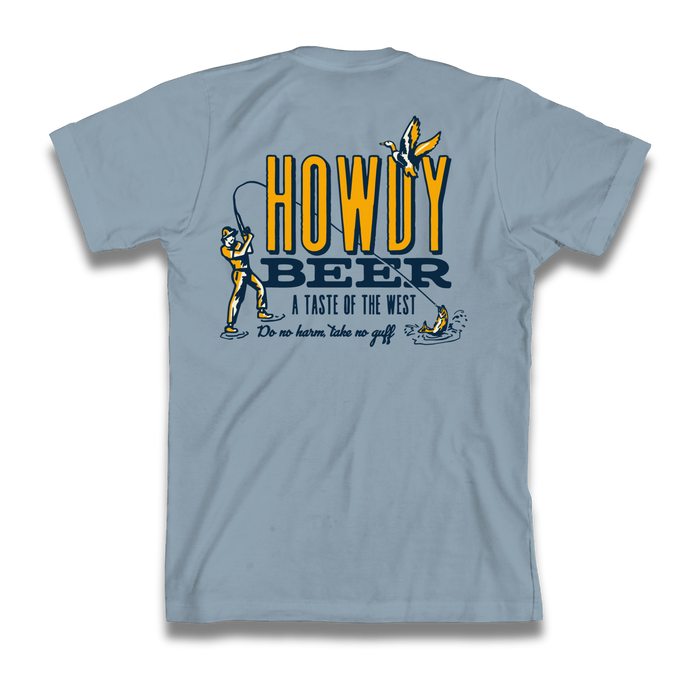 Light blue t-shirt with 'Howdy Beer' graphic design on a white background