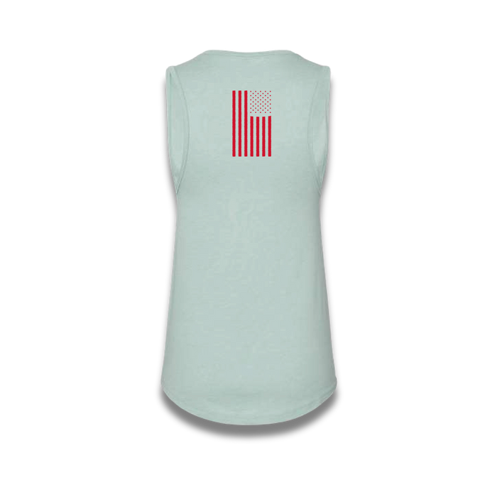 Light blue sleeveless shirt with American flag design on the back against a white background