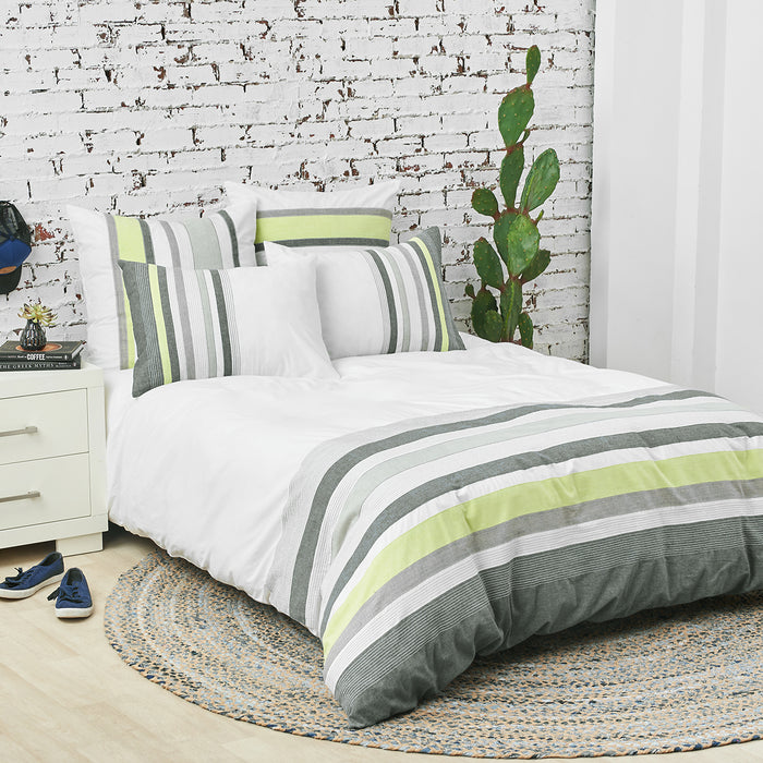 A jones duvet cover displayed on a bed.
