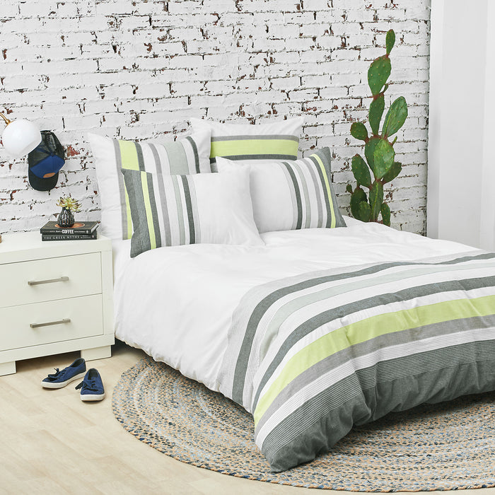 A jones duvet cover displayed on a bed.