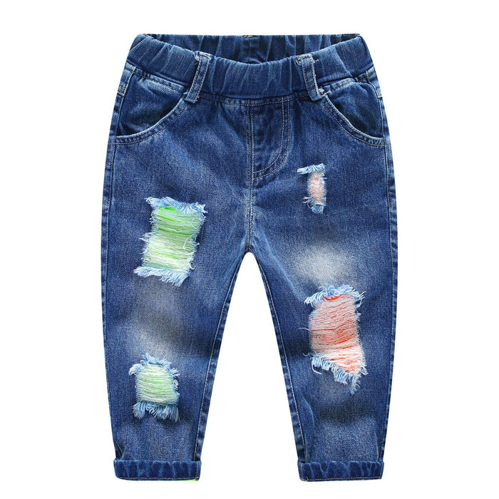 Kids Ripped Jeans Elastic Waist Distressed Denim Pants