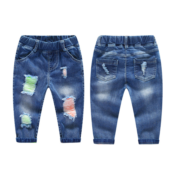 Kids Ripped Jeans Elastic Waist Distressed Denim Pants