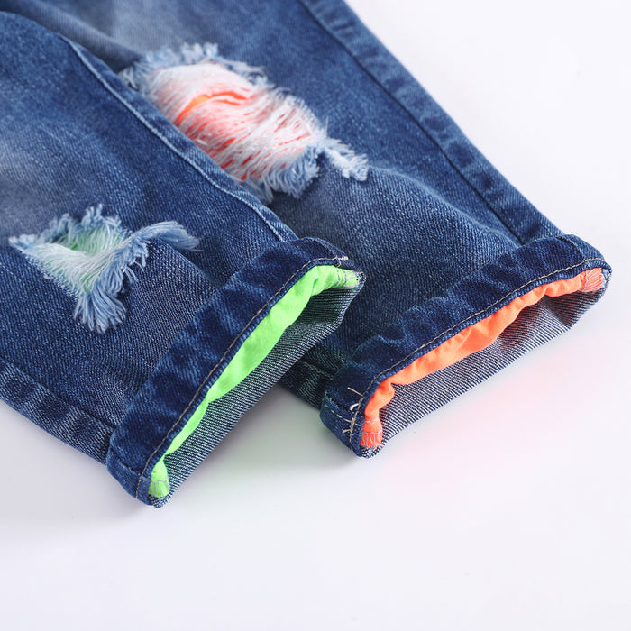 Kids Ripped Jeans Elastic Waist Distressed Denim Pants