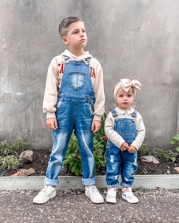 Kids Striped Liner Fashion Ripped Jeans Overalls