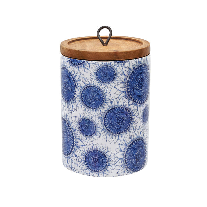 A Large Blue Harvest Mango Wood Canister.