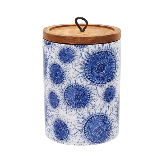 A Large Blue Harvest Mango Wood Canister.