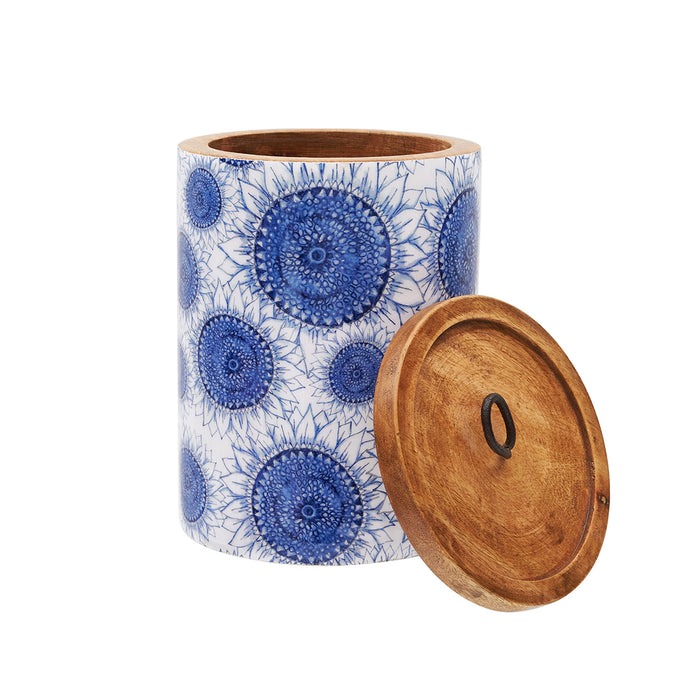 A Large Blue Harvest Mango Wood Canister.