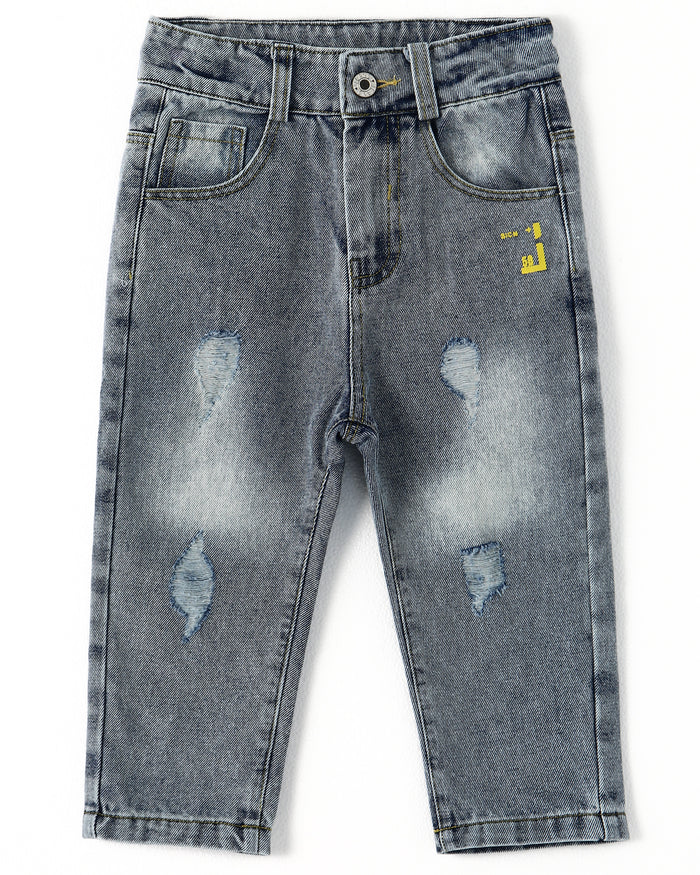 Letters Oil Paint Decor Elastic Band Inside Ripped Water Washed Jeans