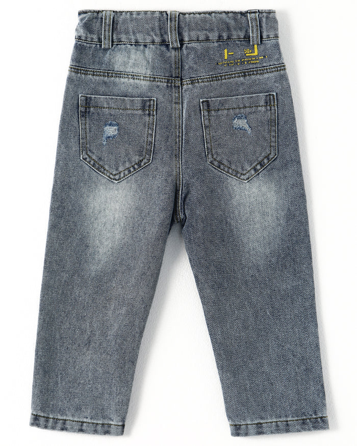 Letters Oil Paint Decor Elastic Band Inside Ripped Water Washed Jeans