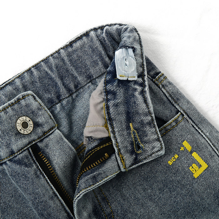 Letters Oil Paint Decor Elastic Band Inside Ripped Water Washed Jeans