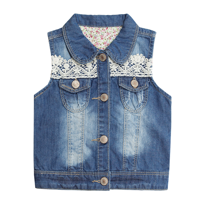 Kidscool Space Girls Washed Sleeveless Jacket Lace Patched Denim Vest Jacket