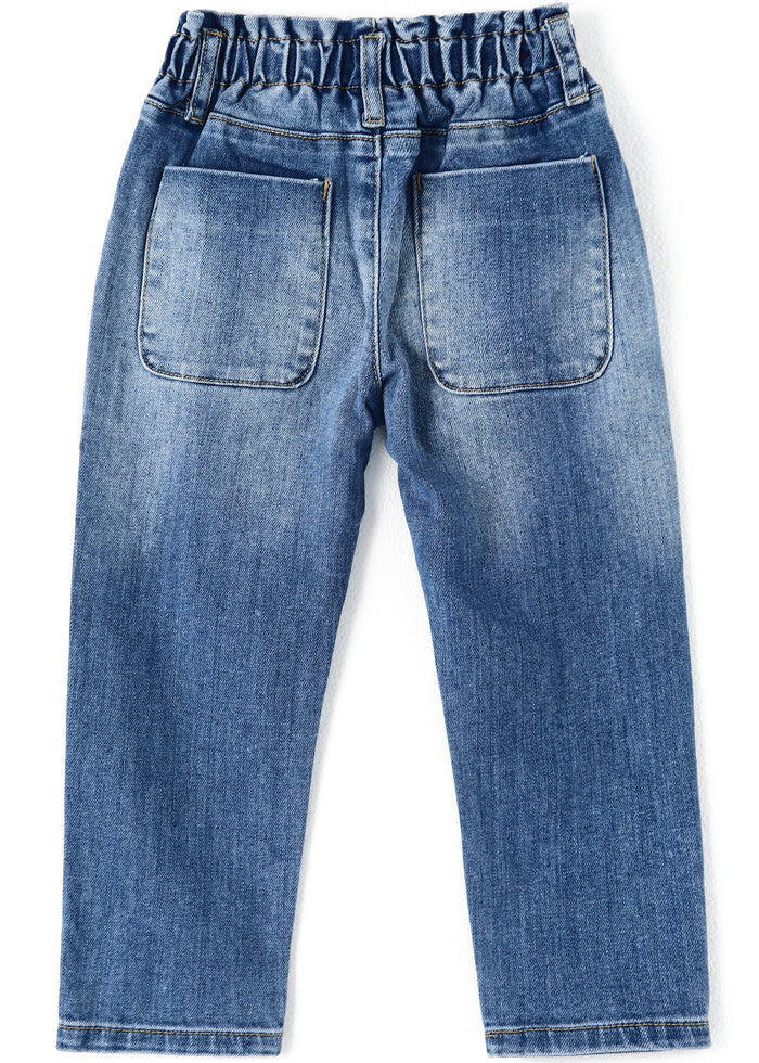 Little Girls Ruffled Elastic Waist Diagonal Pocket Denim Pants