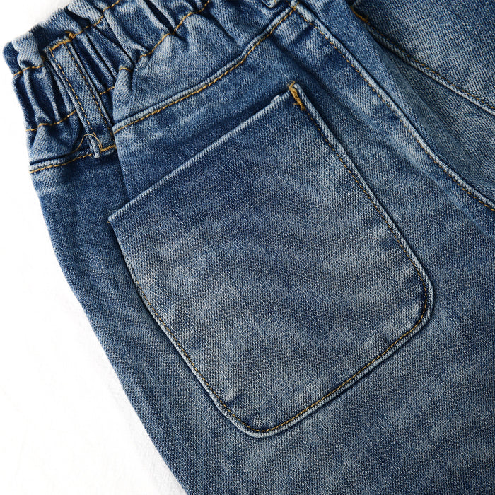 Little Girls Ruffled Elastic Waist Diagonal Pocket Denim Pants