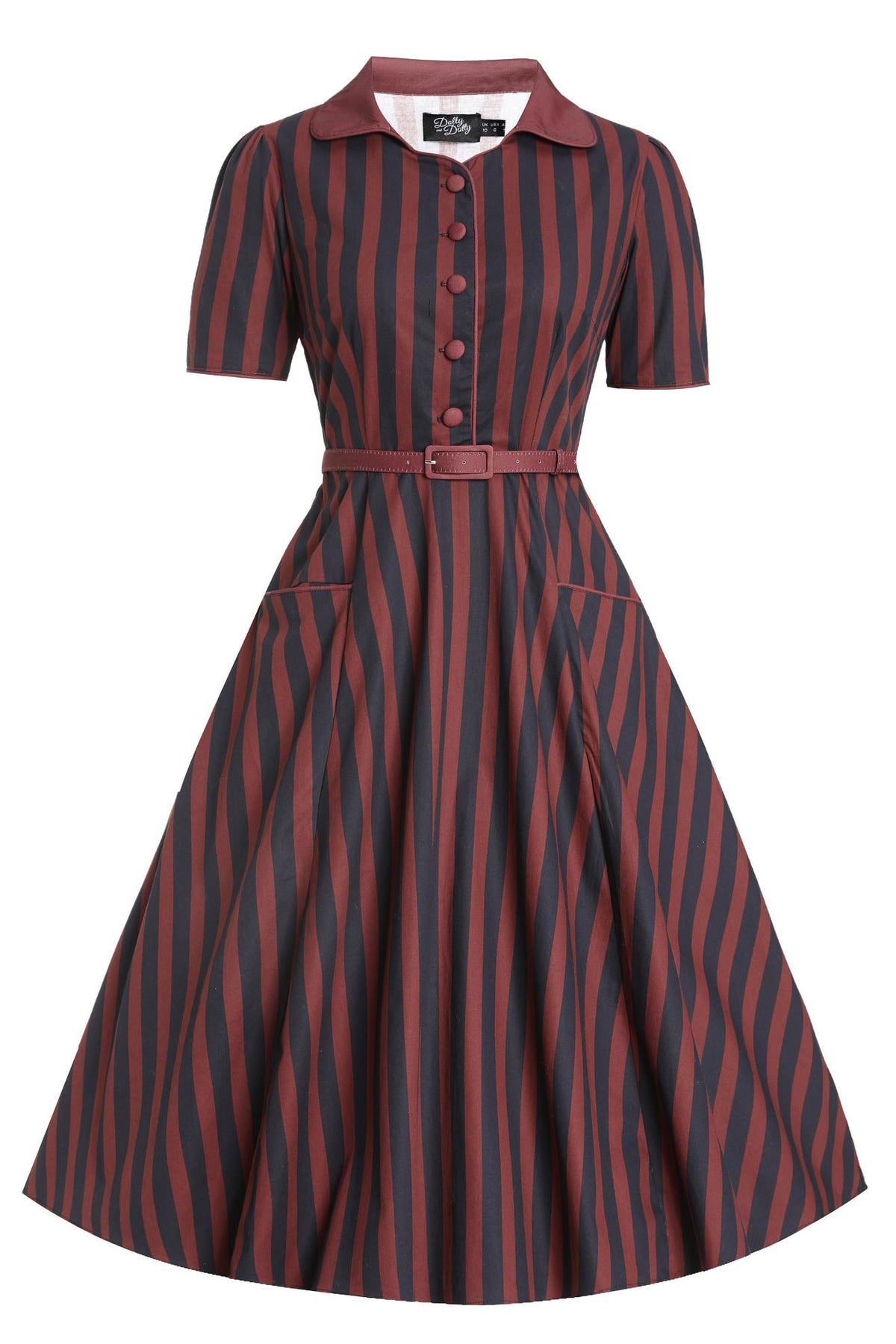 Mabel Rockabilly Striped Shirt Dress In Burgundy
