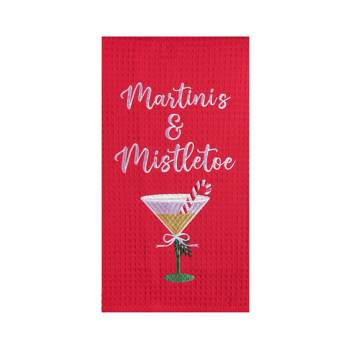 A Martinis & Mistletoe Waffle Weave Kitchen Towel.
