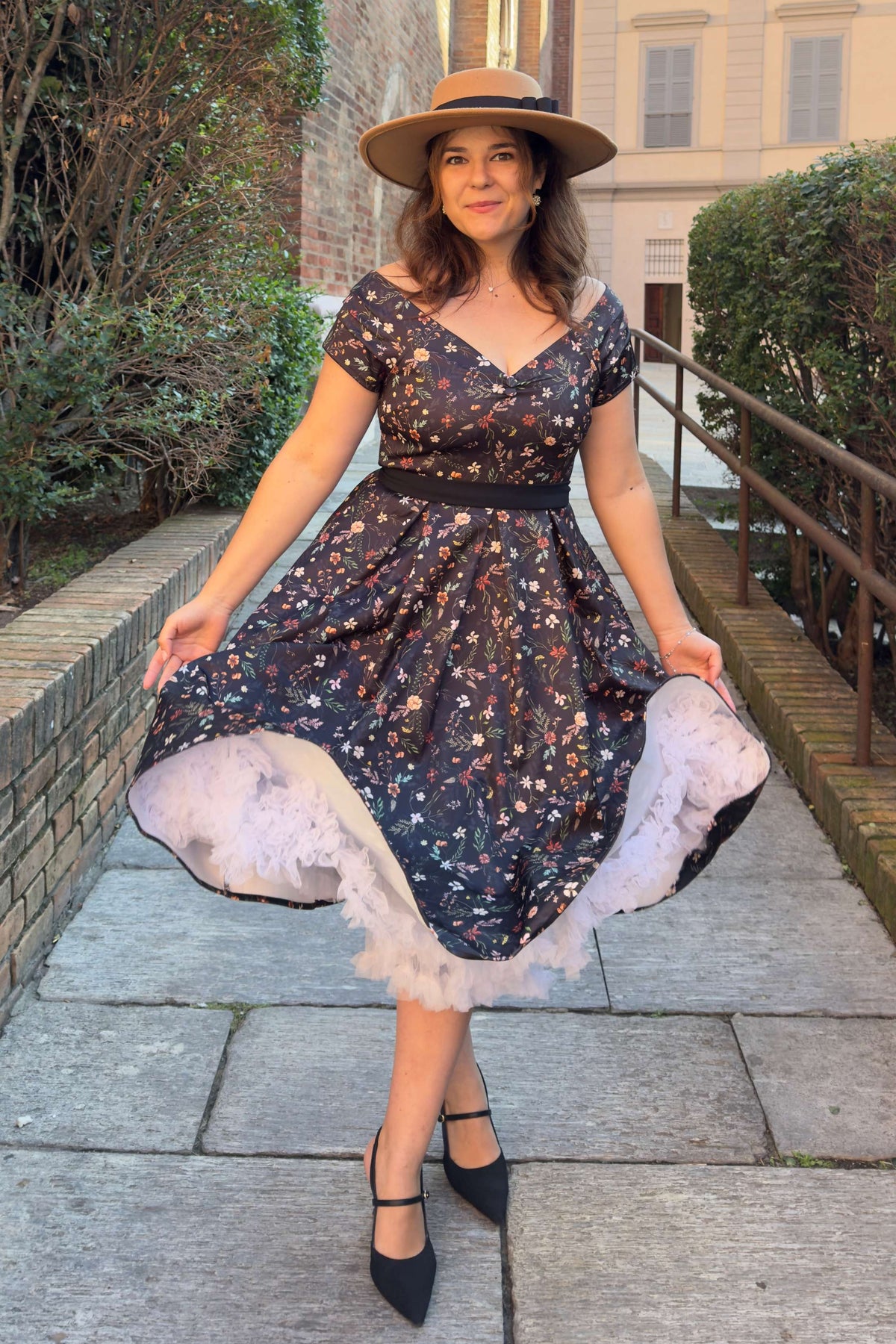 Lily Meadow Floral Black Off Shoulder Dress