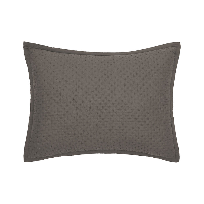 Textured standard-sized dark grey cotton pillow sham with piped edges.
