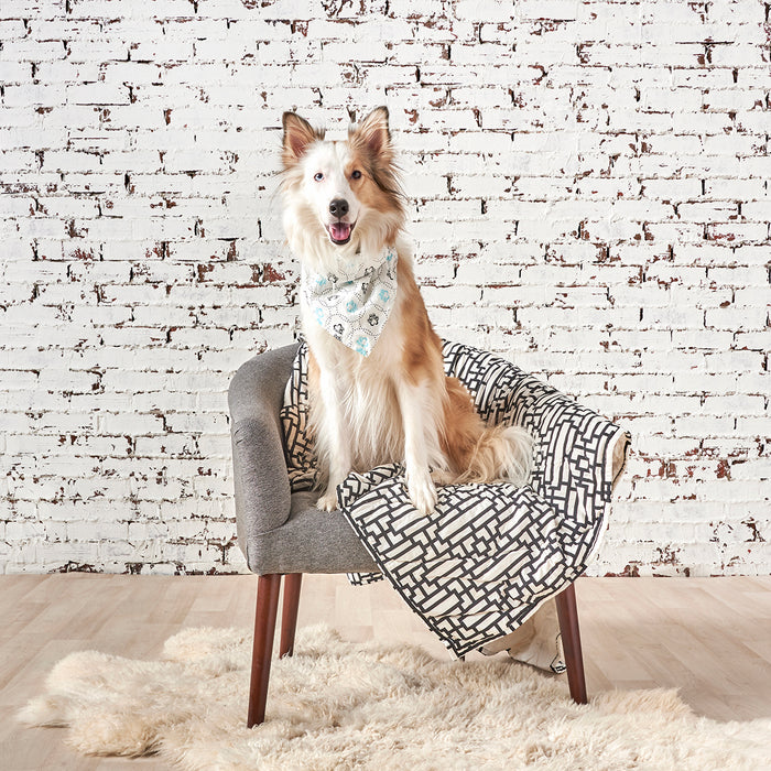 A naya pet quilt displayed on a made bed.