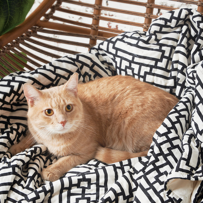 A naya pet quilt displayed on a made bed.