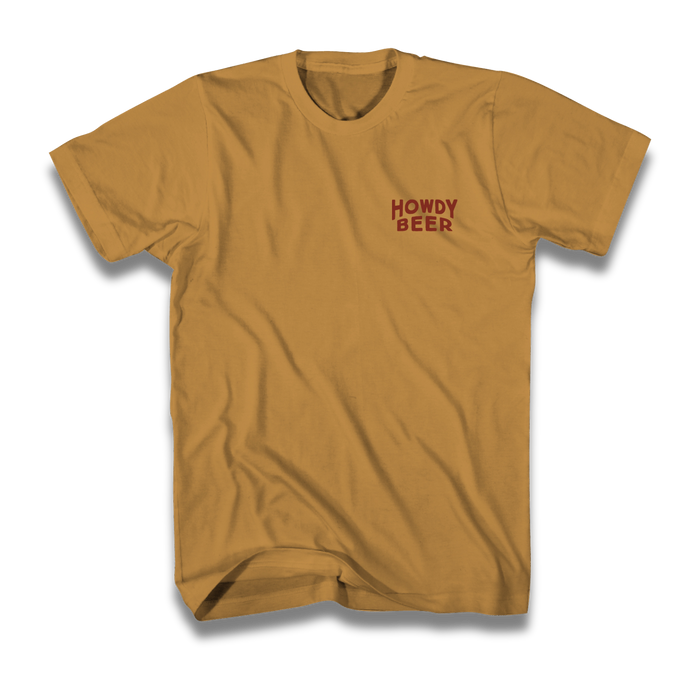 Mustard yellow t-shirt with 'HOWDY BEER' text on a transparent background