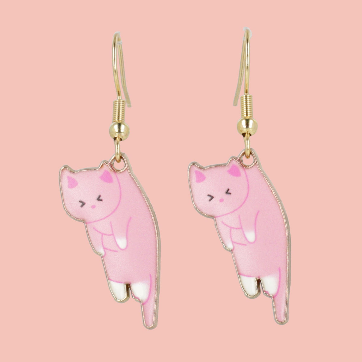 Pink & White Cat Earrings (Gold Plated)