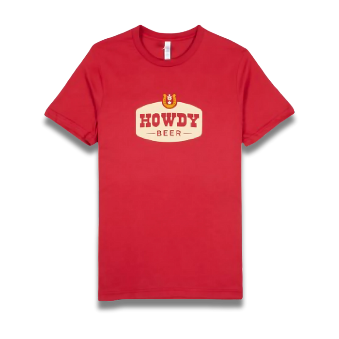 Red t-shirt with 'Howdy Beer' logo on a white background