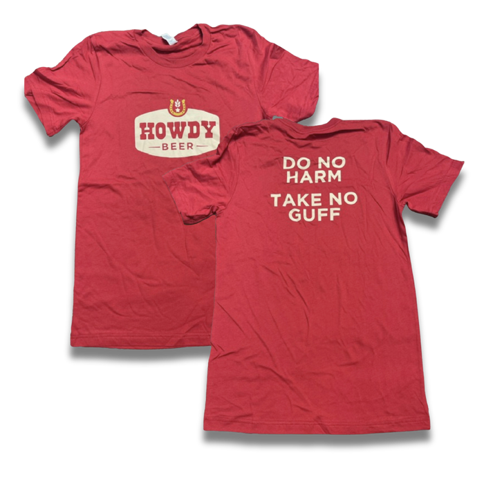 Two red t-shirts with text on a white background
