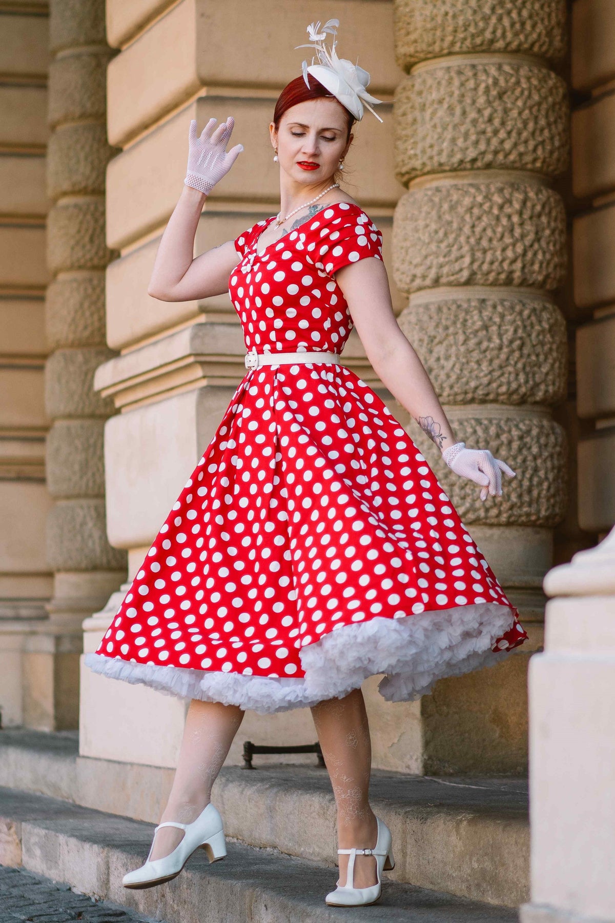 Lily Retro Off Shoulder Red Polka Dot Swing Dress