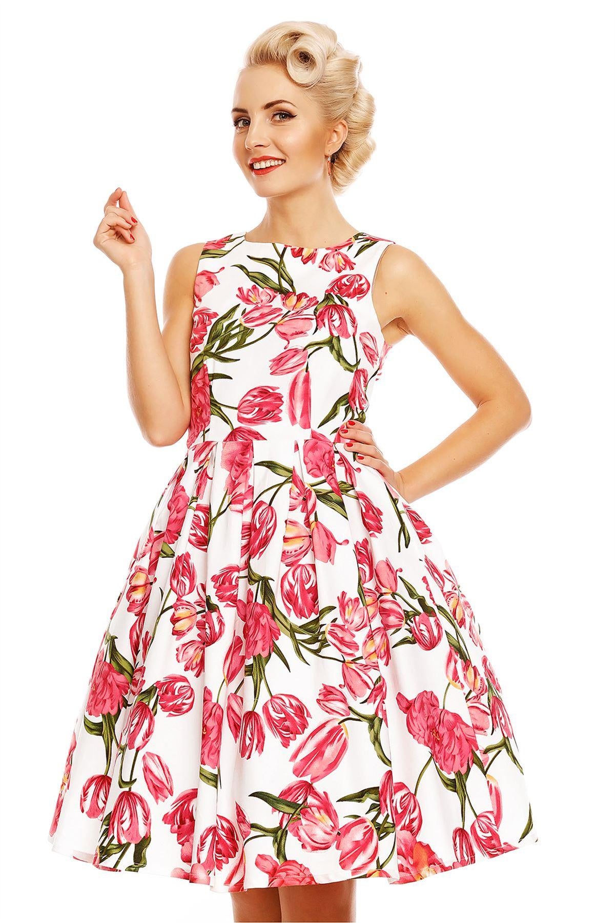 Annie Retro Tulip Floral Swing Dress in White-Pink