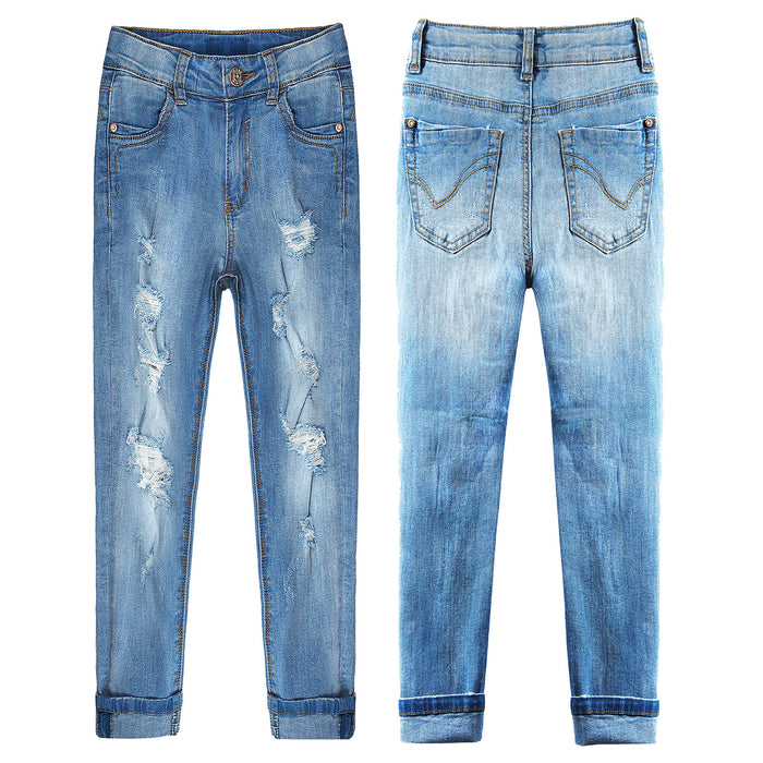 Slim Jeans For Kids Bird Shaped Ripped Holes Elastic Band Inside